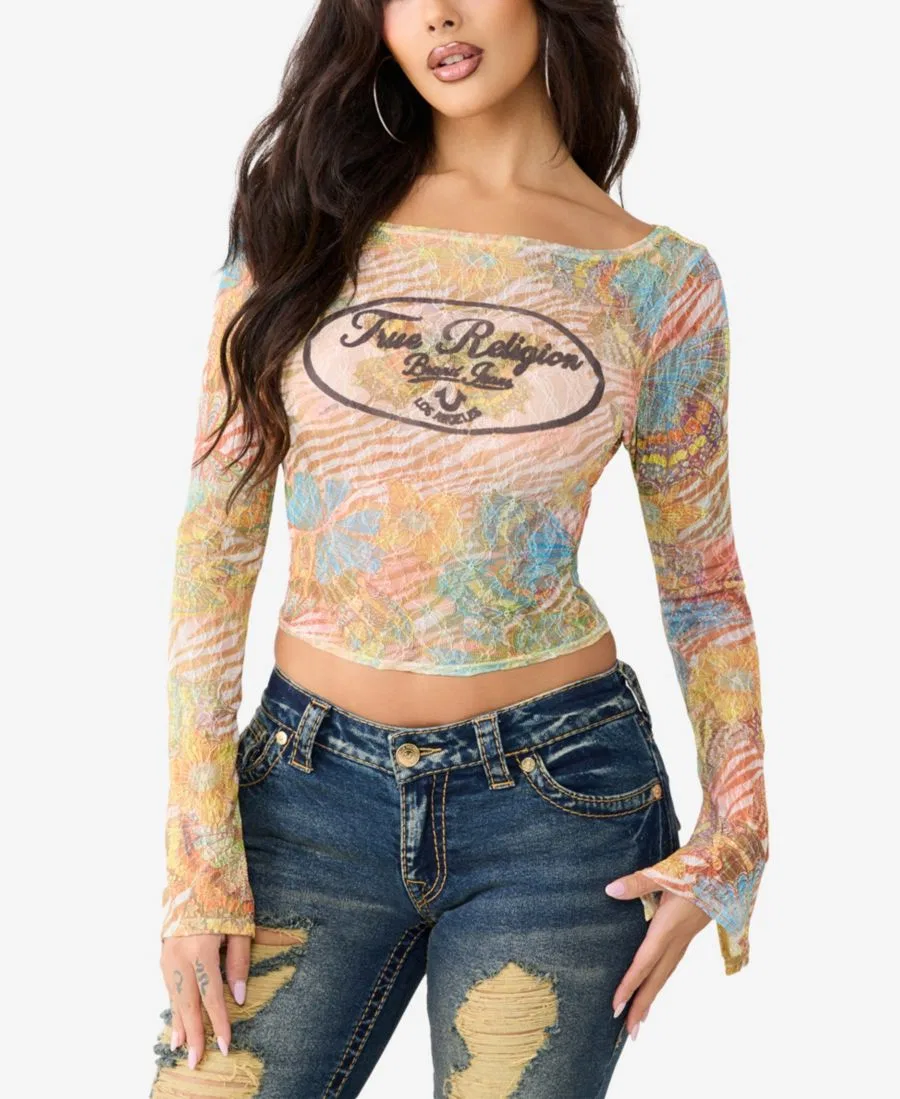 Топ с длинным рукавом с кружевными вставками и принтом бабочек True Religion, Double Cream