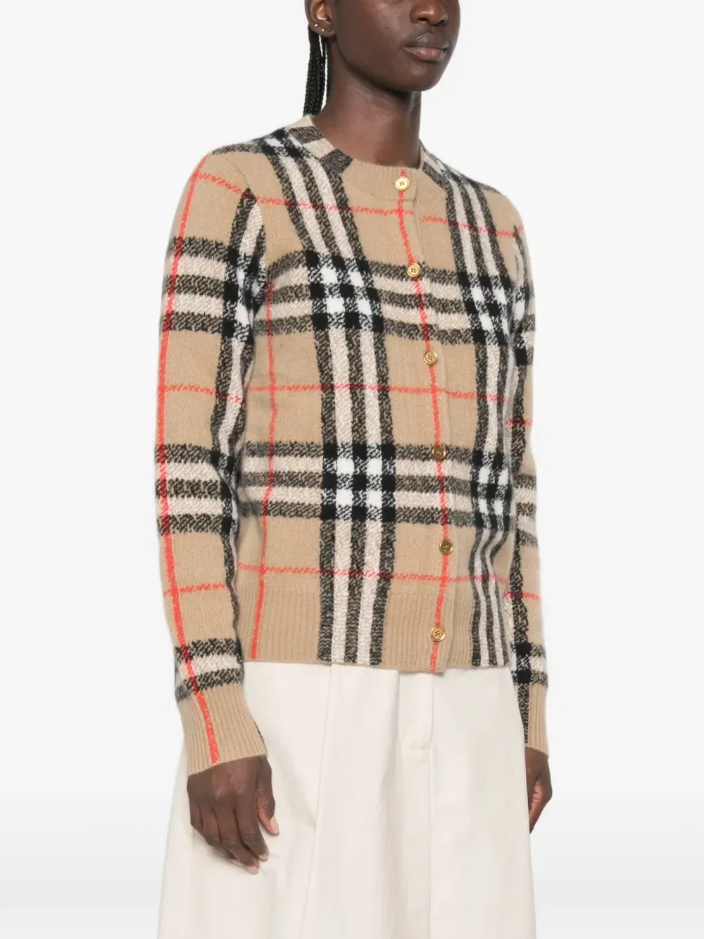 Кардиган на пуговицах с клетчатым узором BURBERRY, бежевый — фото 3