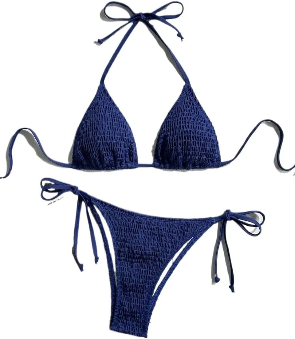 Женский бикини-комплект с завязками на спине, высокими трусиками Halter, Navy Blue