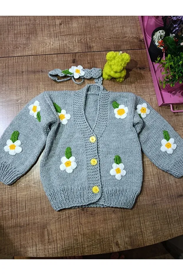 Детский кардиган с принтом Hand knitted kids cardigan El Örgüsü Cici Bebe, Gray