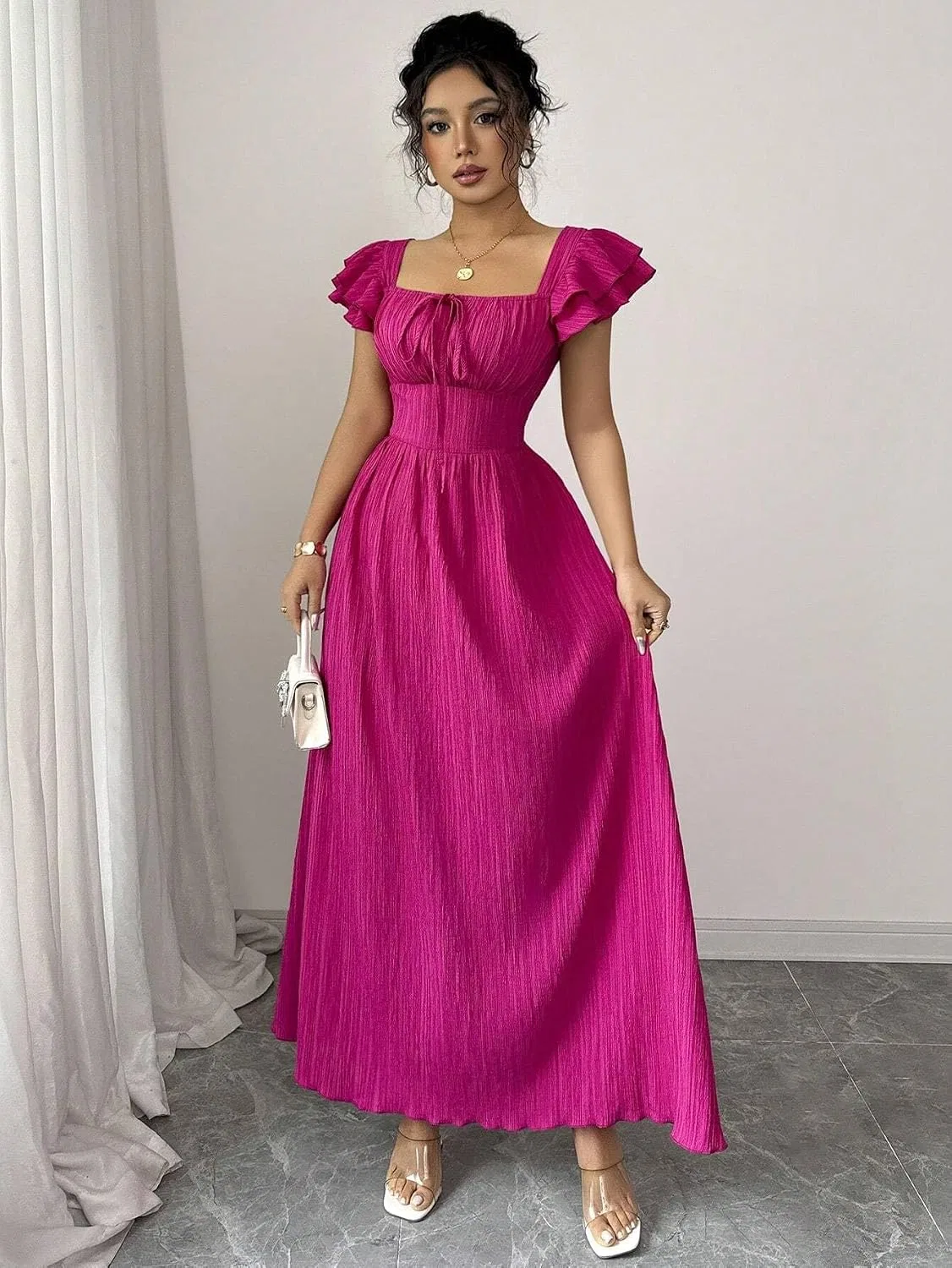 Женское повседневное платье с квадратным вырезом и оборками, Hot Pink — фото 4