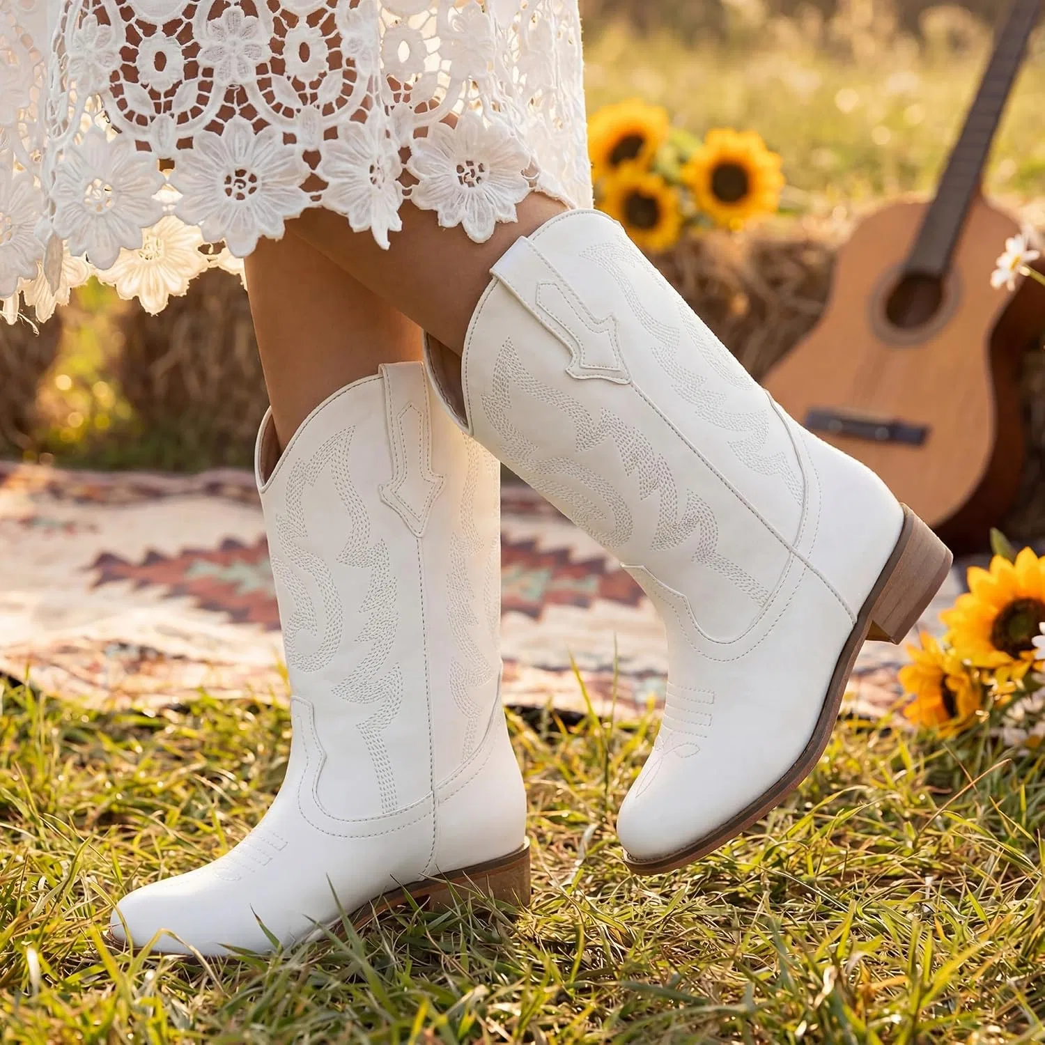 Детские сапоги для девочек с блестками Cowgirl Boots Motasha, Pure White — фото 2