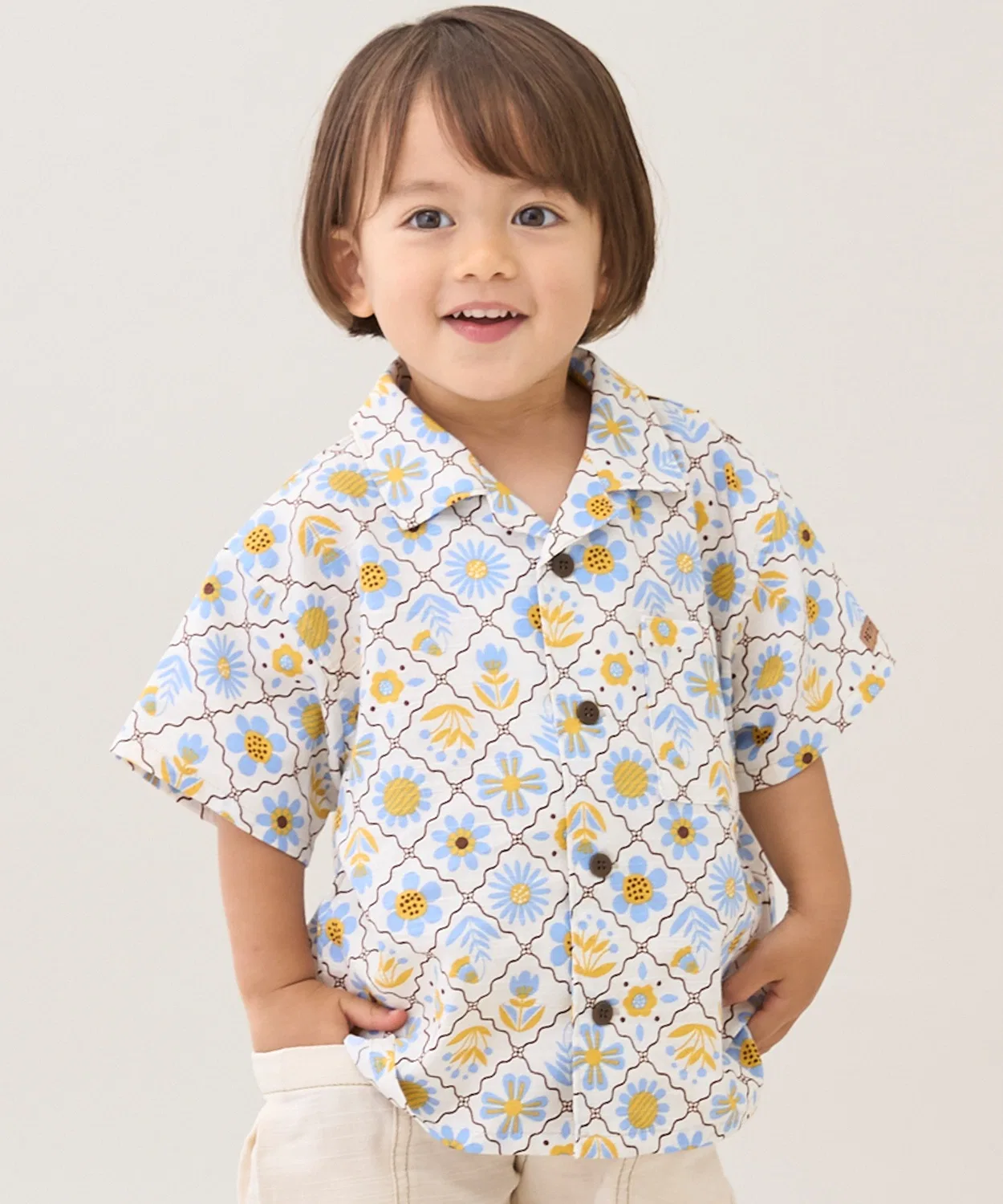 Детская рубашка с коротким рукавом, с принтом, модель Open Collar, petit main, Yellow