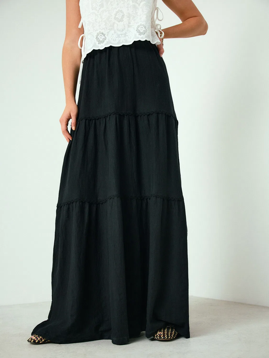 Юбка макси, ярусная, Black Cotton Tiered Maxi Skirt Next, черный — фото 3