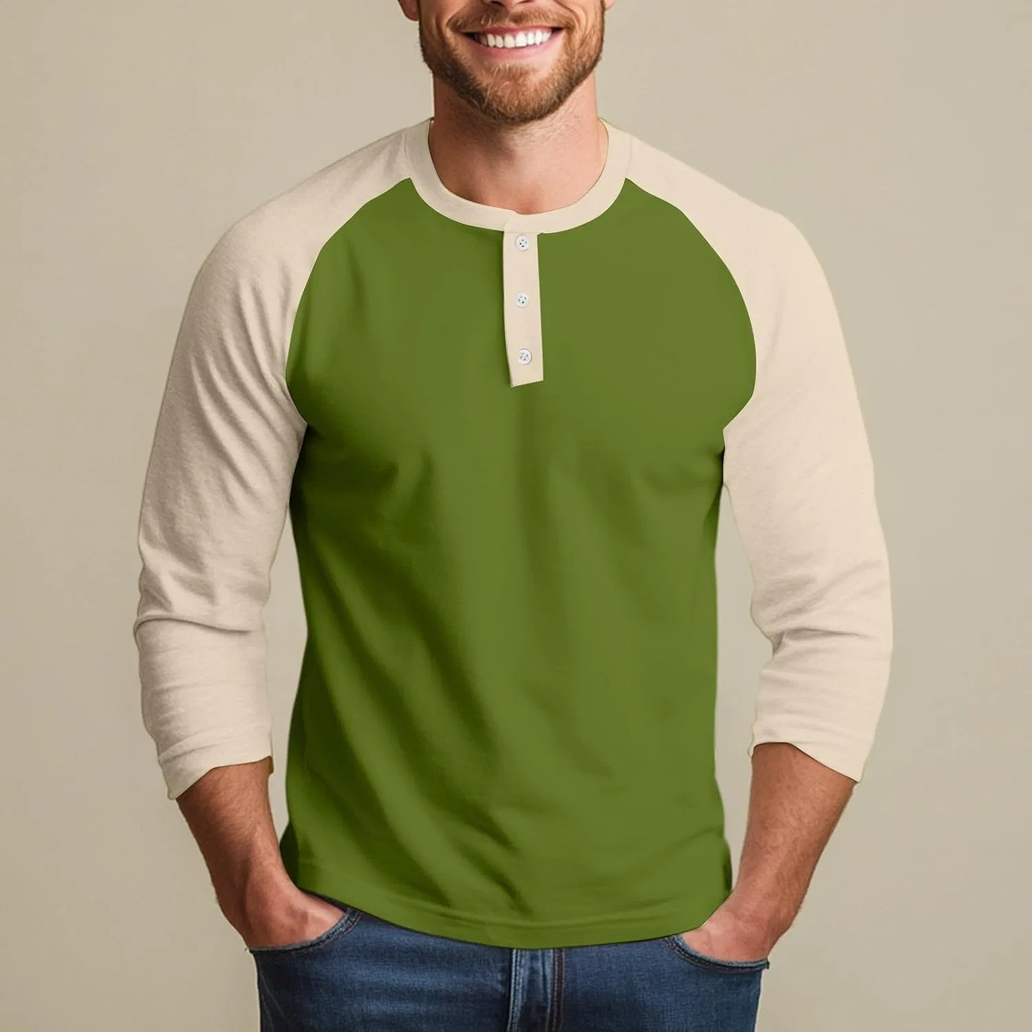 Мужская футболка с длинным рукавом 3/4 Henley Raglan, Green — фото 3