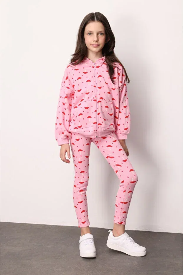 Детский спортивный костюм для девочек с принтом Pink Patterned Hooded Girls' Tracksuit Set - nell Le Mabelle, Pink — фото 3