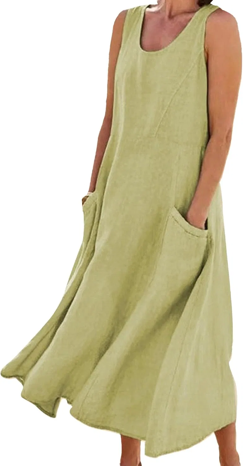Женское летнее платье без рукавов свободного кроя с карманами, Light Green