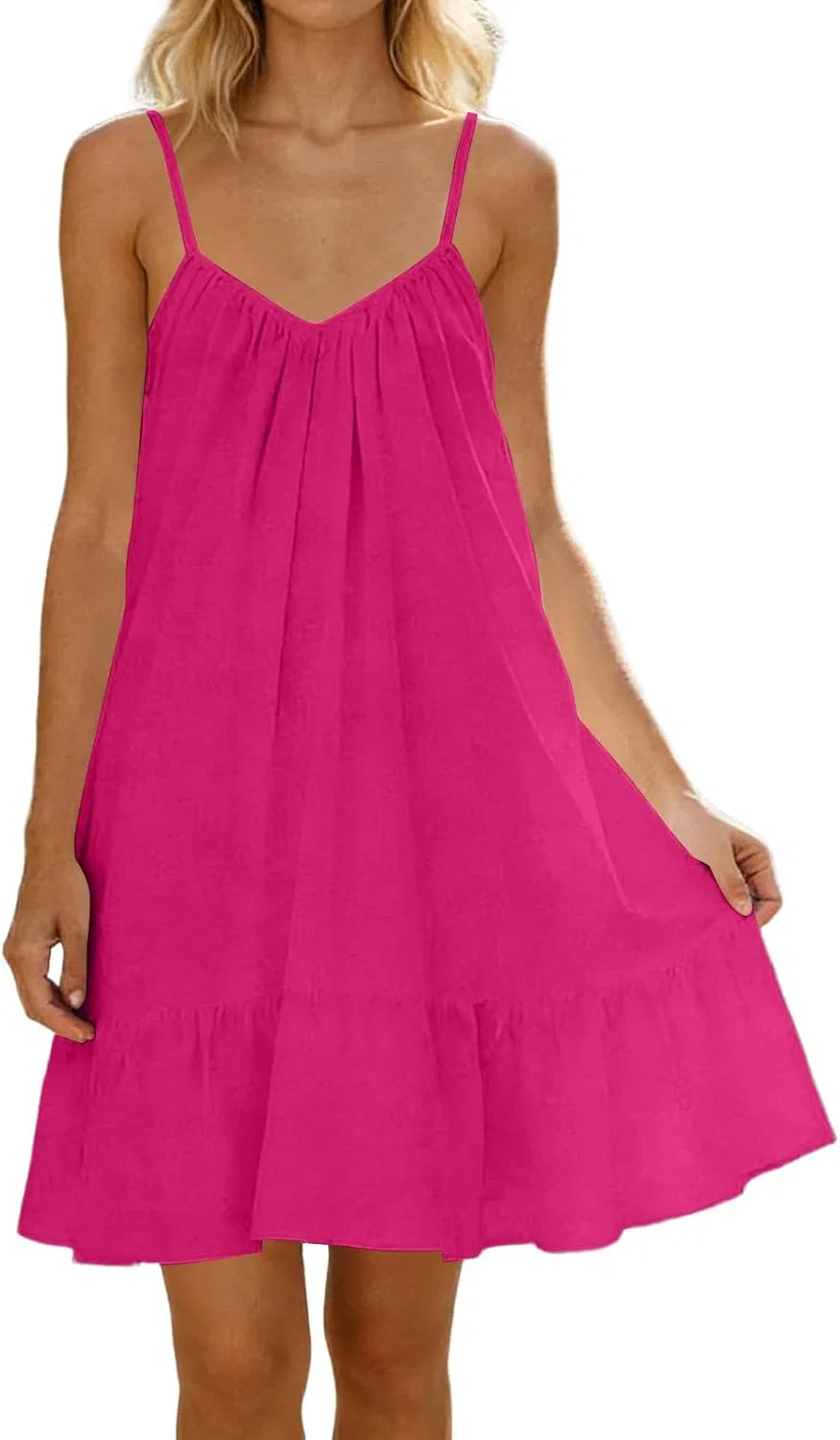 Женское летнее платье на бретелях с рюшами, Hot Pink