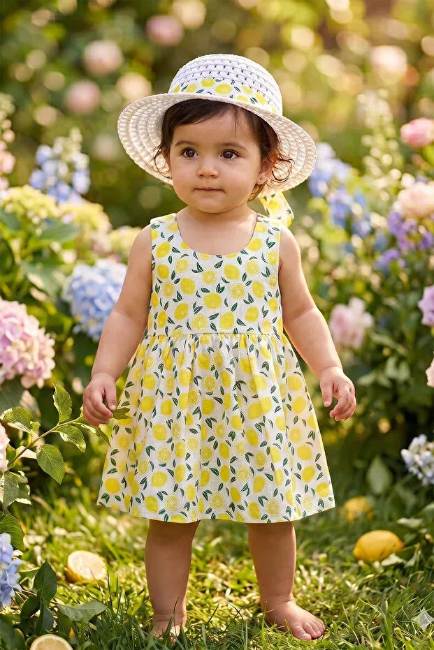 Детское платье для девочек хлопковое Summer Baby Girl Dress with Bow Detail and Fedora Hat Beniizle, Yellow