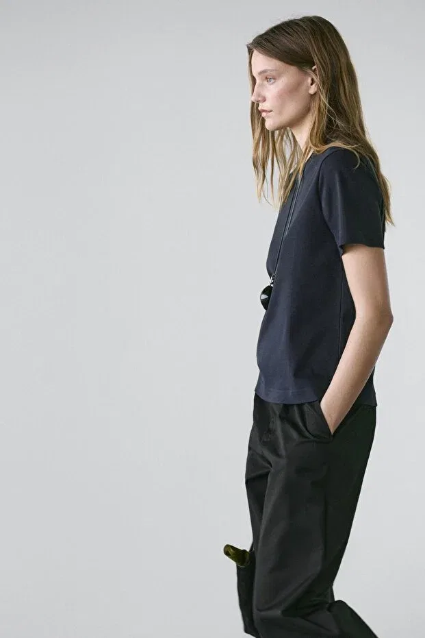 Женская футболка хлопковая с коротким рукавом Massimo Dutti, Dark Lacquer — фото 3