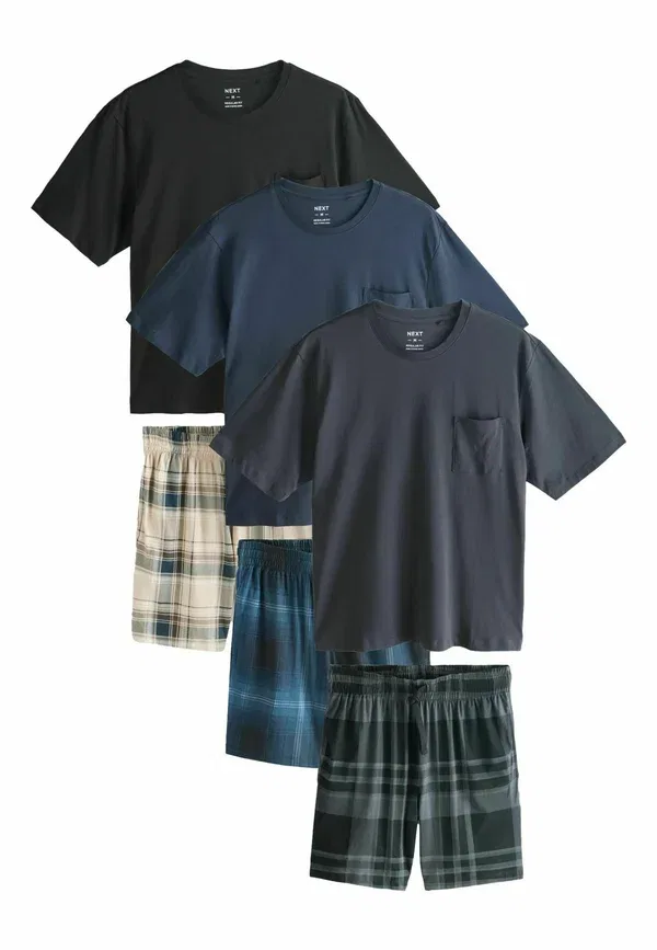 Комплект пижамы с коротким рукавом, хлопок, Regular fit - check sleeve 3 pack, Next, Navy Blue, черный/темно-синий