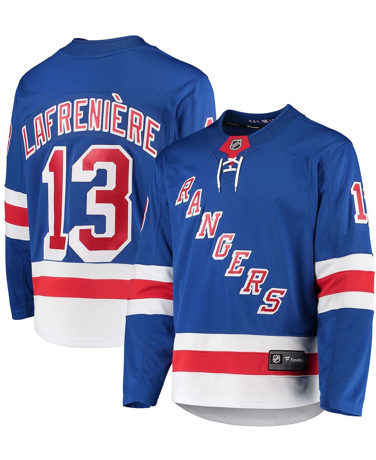 

Мужское синее джерси new york rangers premier breakaway player с логотипом alexis lafreniere Fanatics, синий