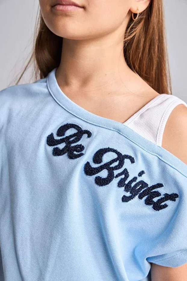 Детская футболка для девочек с принтом Boat neck printed ribbed short sleeve light blue t-shirt girl child i2346a826au Defacto, Blue-Be791 — фото 4