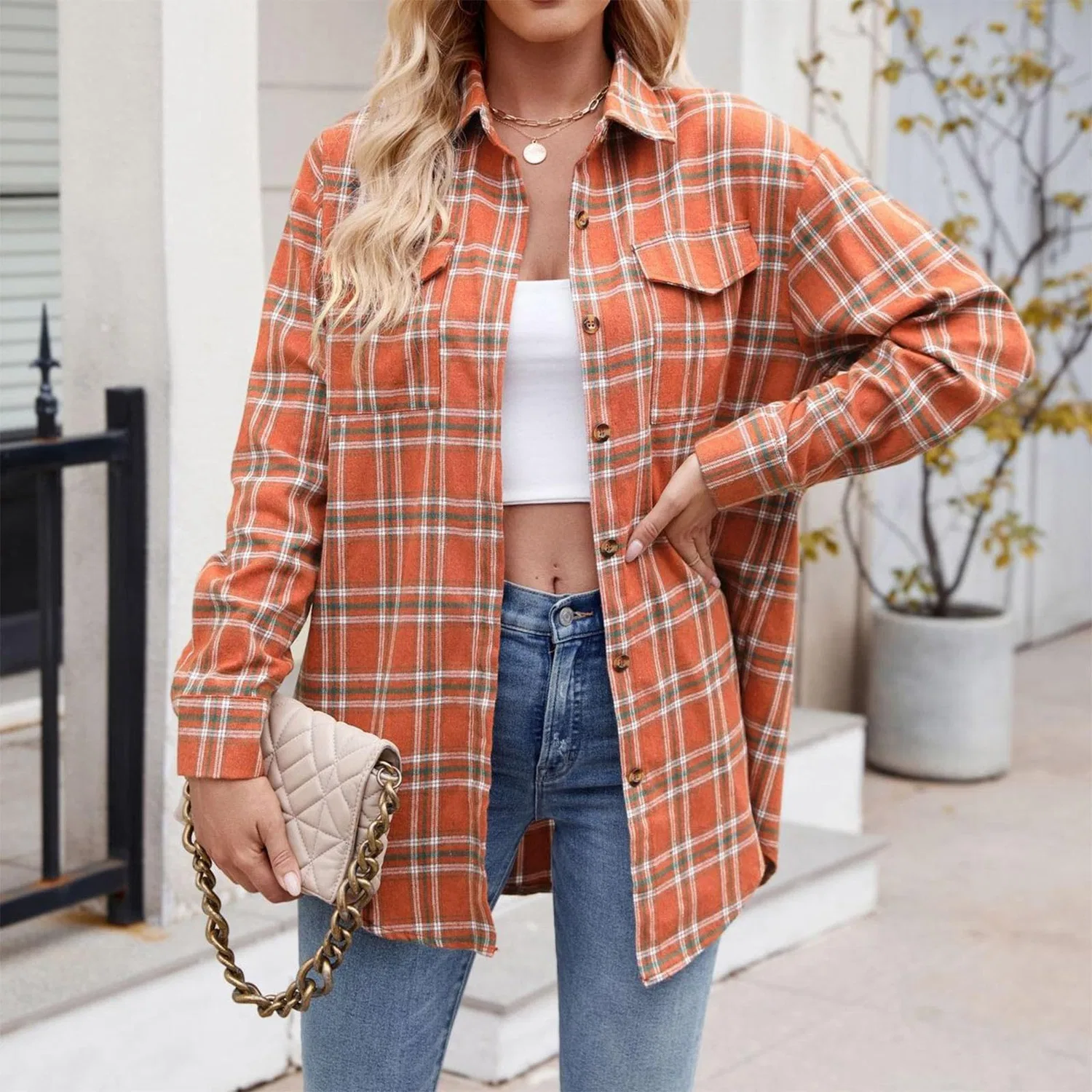 Женская куртка с принтом в клетку Women Plaid Jacket, Colore: Arancione — фото 2