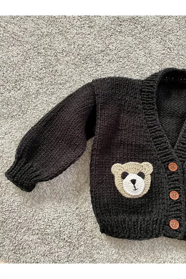 Детский кардиган для мальчиков с принтом Hand Knitted Cute Teddy Bear Detailed Nevalin, Black — фото 3