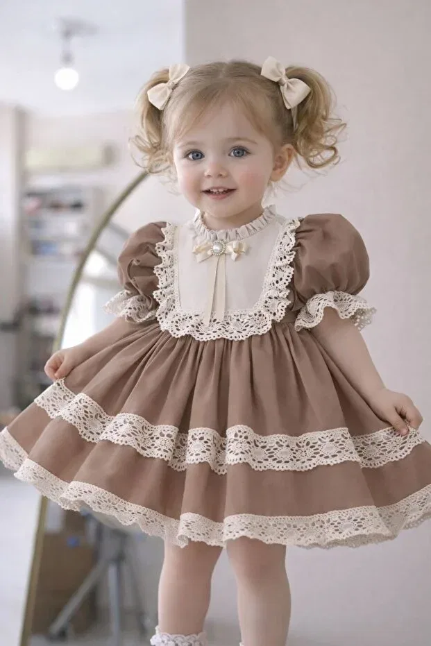 Детское платье для девочек с принтом Balloon sleeve birthday dress Prenses Tasarım Atolyesi, Brown