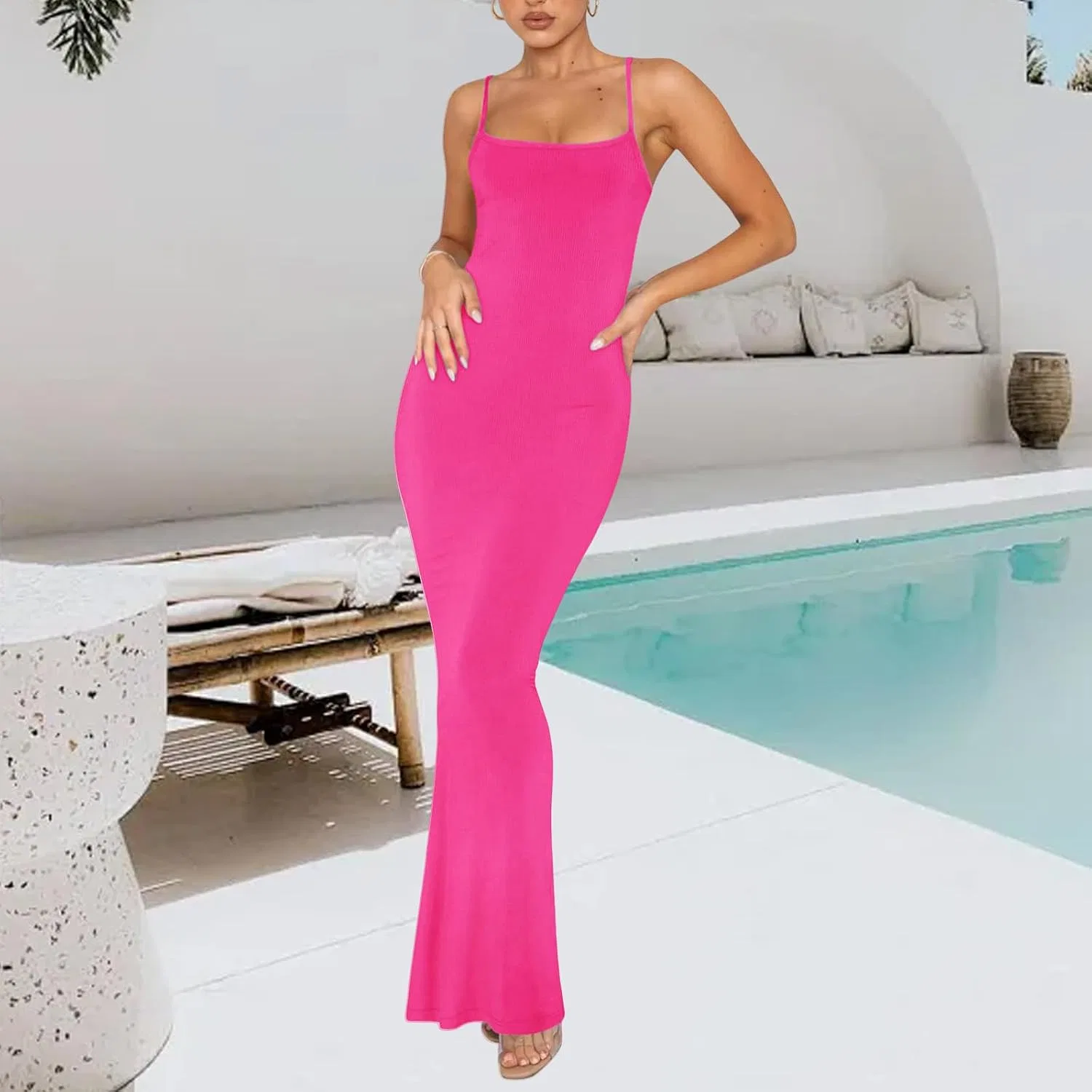 Вечернее облегающее платье макси без рукавов с открытой спиной, Hot Pink — фото 2