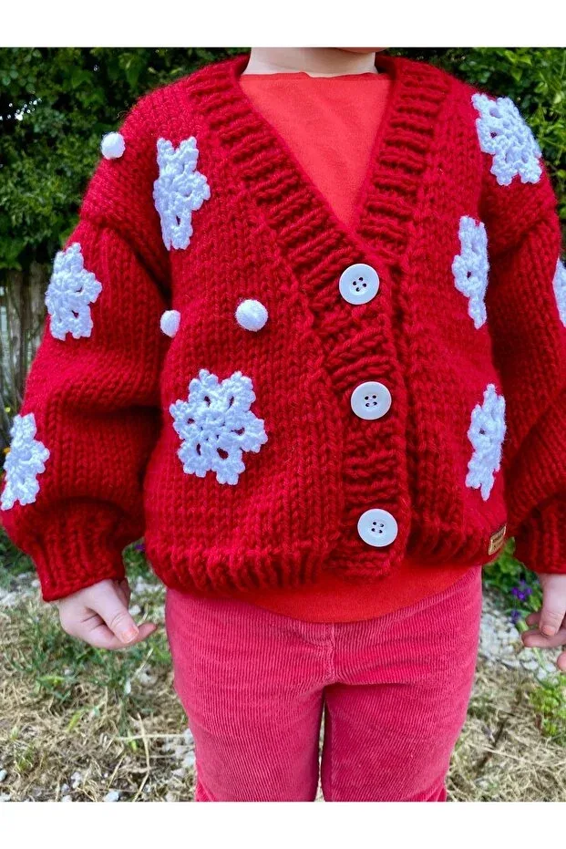 Детский кардиган для девочек с вышивкой Snowflake Detailed Hand Knitted Nevalin, Red