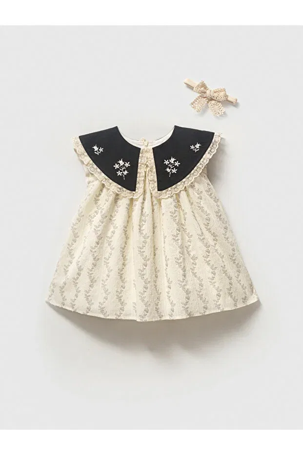Детский комплект для девочек с вышивкой Vintage embroidered black collared baby dress and lace bandana set Noynoy Baby, Beige — фото 2