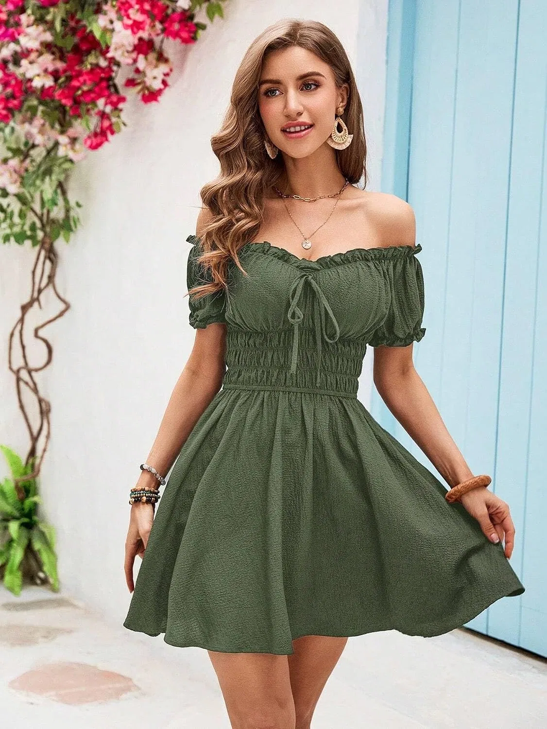 Женское повседневное платье с воланами A-силуэта Off Shoulder, Army Green — фото 3