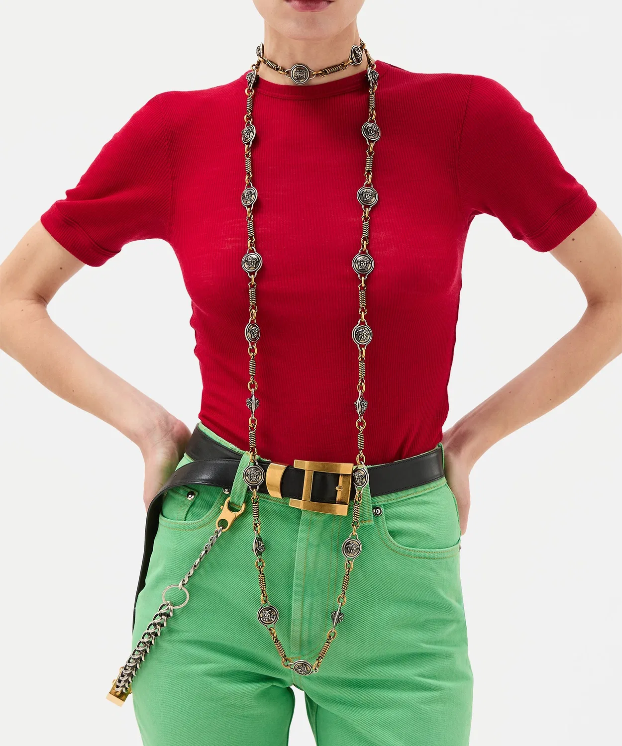 Женская футболка с вышивкой Медузы из шерсти с длинным рукавомVERSACE, Red