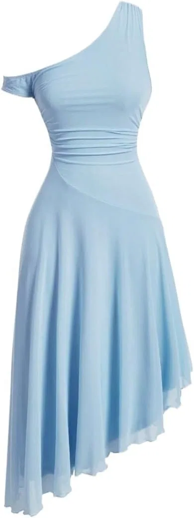 Женское асимметричное платье миди с защипами A Line, Blue