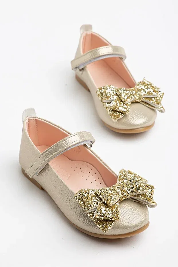 Детские балетки для девочек с бантом Orthopedic sole bowknot casual girls' ballerinas Pabuçland, Gold — фото 3