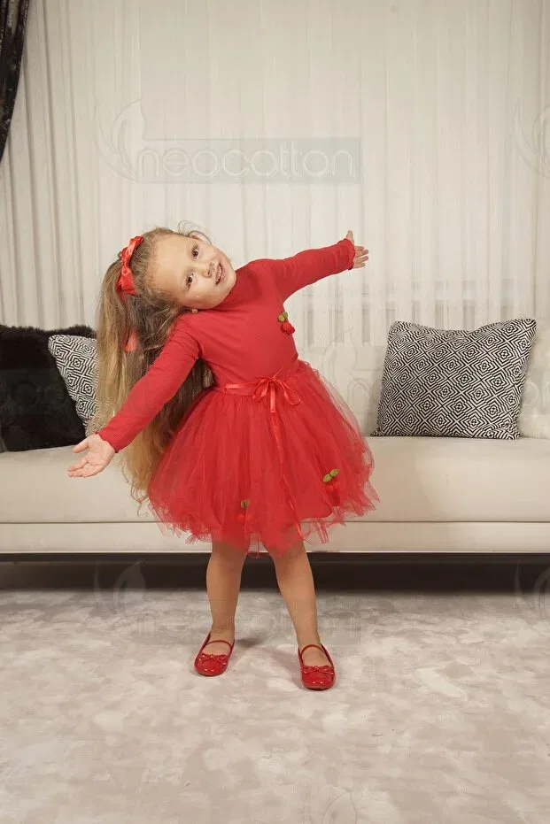 Детское платье для девочек хлопковое с аппликацией Tulle lined stretchy cherry dress Neocotton, Long-Red — фото 4