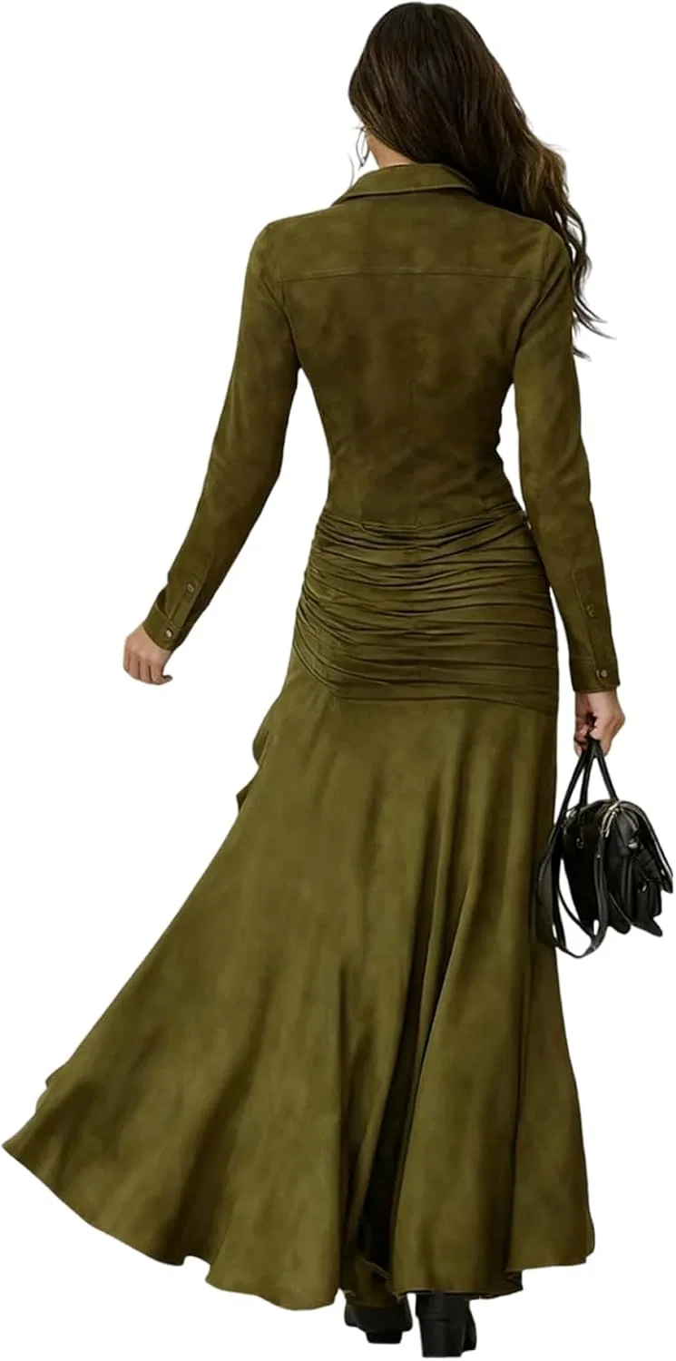 Женское платье-рубашка из вельвета Long Sleeve Loose Corduroy Mini Dresses, Army Green — фото 3