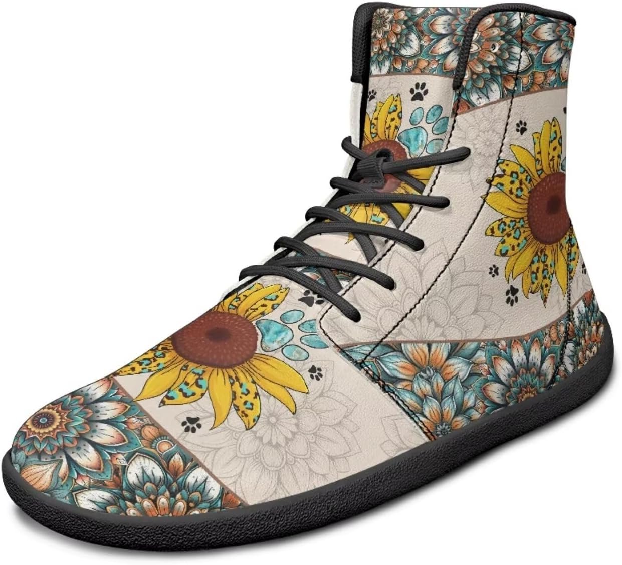 Женские кроссовки JoyLamoria Skull Rose Butterfly высокие, с модными шнурками, для прогулок и тенниса, кожаные, хип-хоп стиль, кроссовки, Sunflower Retro Mandala — фото 3