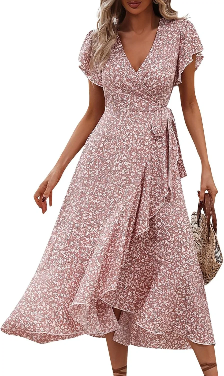 Женское летнее платье миди с цветочным принтом Wrap Dress, Pink