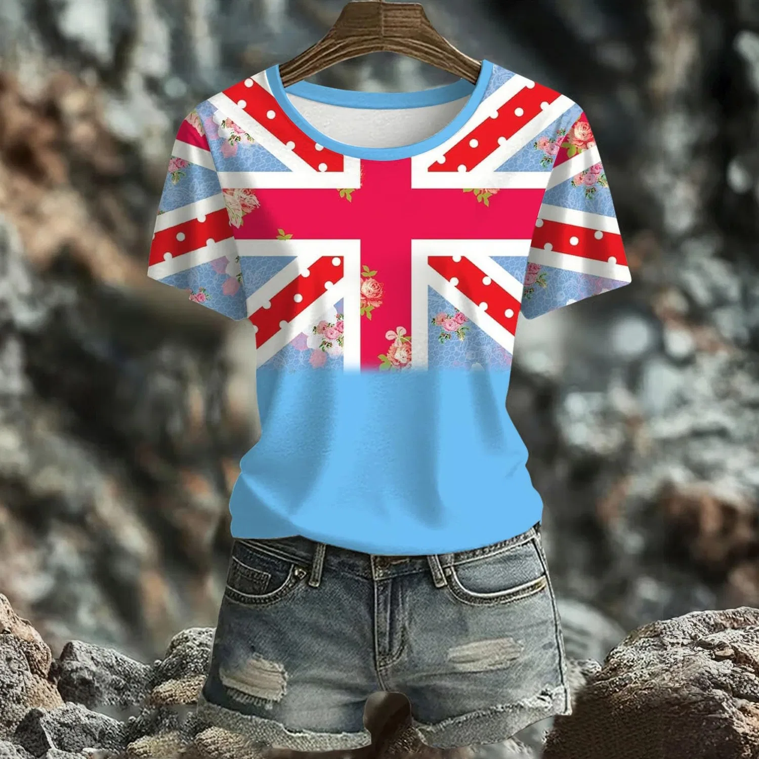 Женская футболка с принтом England Union Jack Flag, летняя, с коротким рукавом, Azure — фото 3
