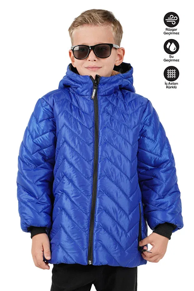 Детское пальто для девочек с капюшоном Zigzag Pattern Jarmo Kids, Cobalt Blue