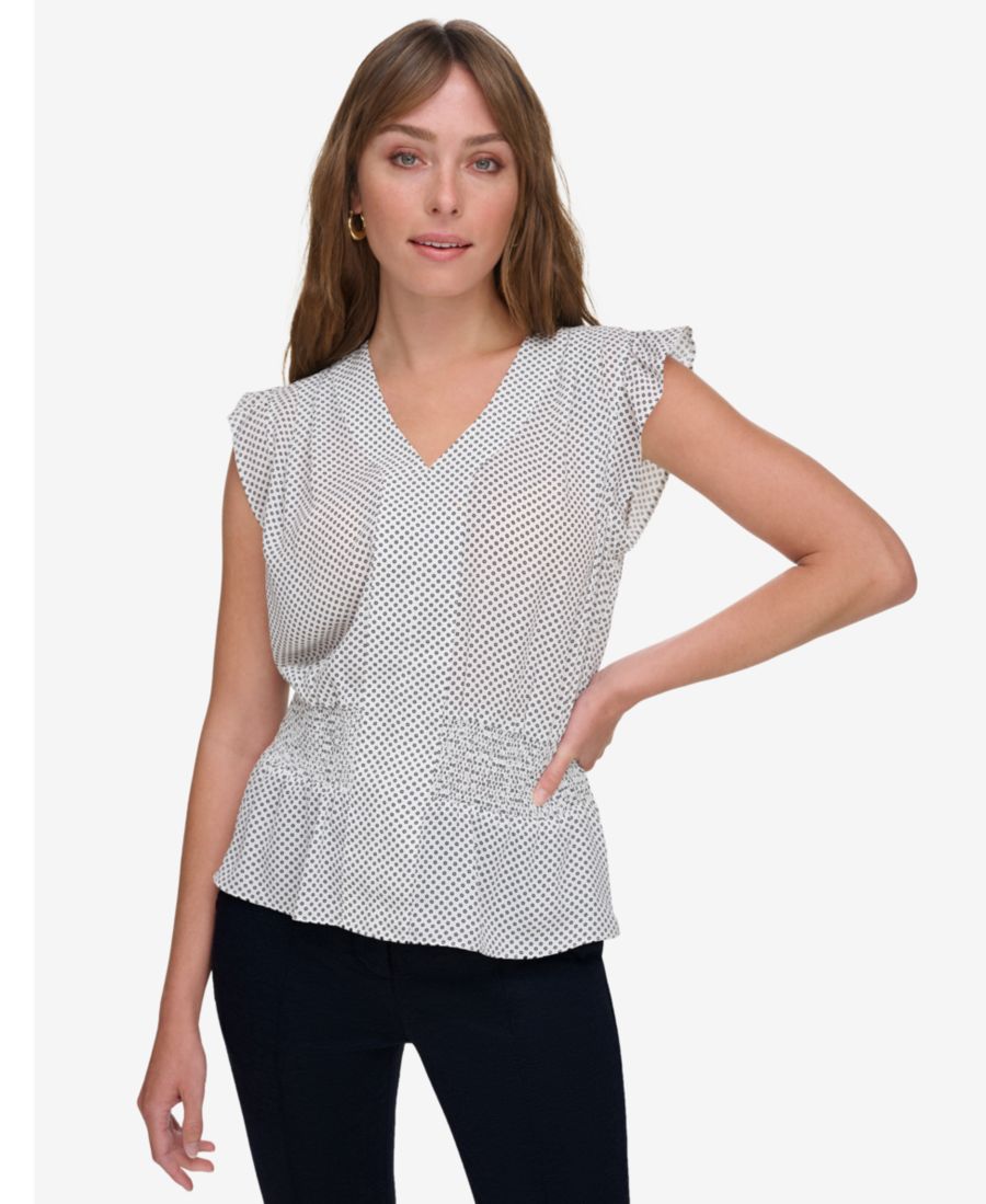 

Женская блузка с V-образным вырезом и оборками и сборками Tommy Hilfiger, Ivory/ Midnight