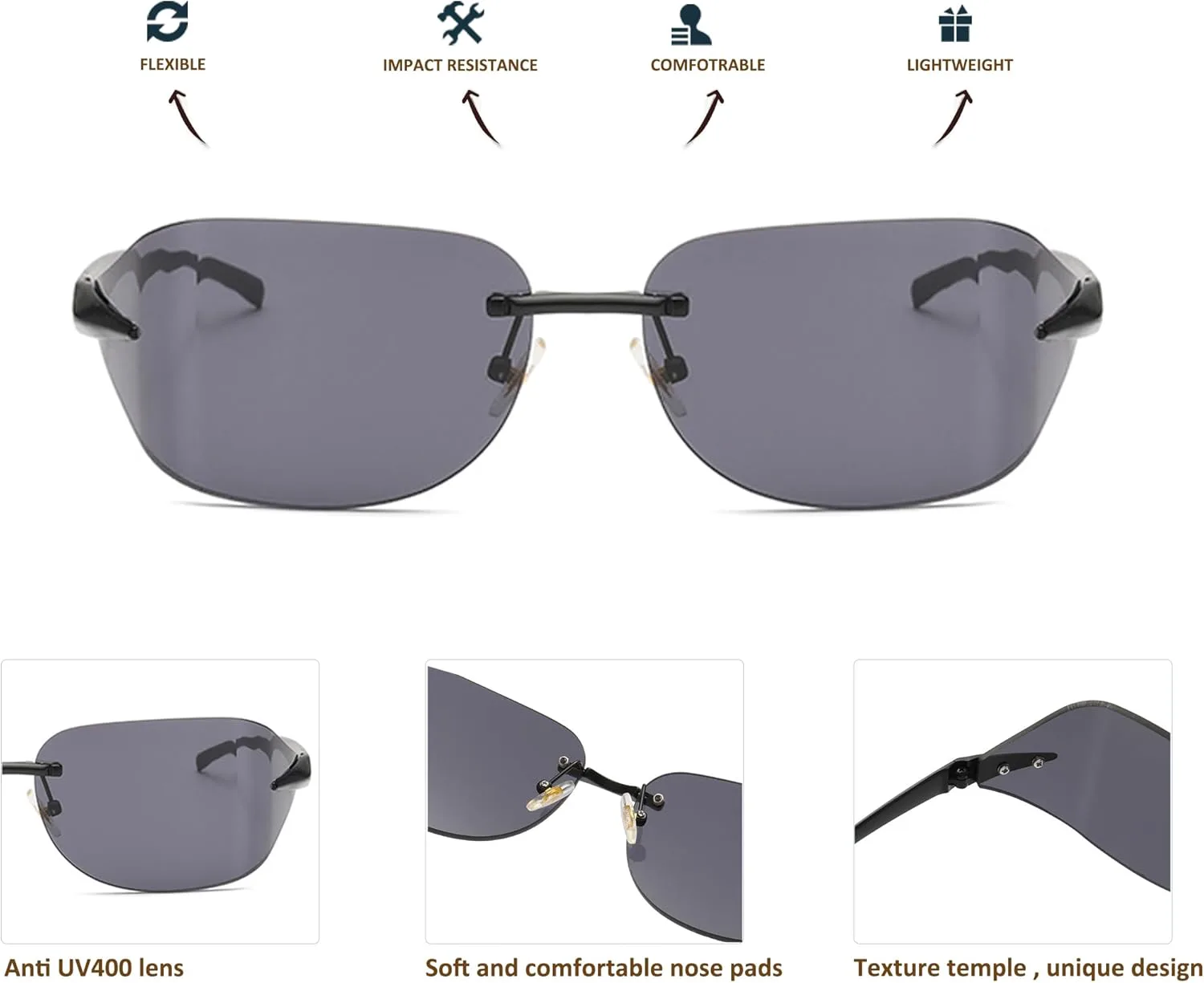 

Солнцезащитные очки Bullabulling прямоугольной формы в стиле Y2K для женщин, модные солнцезащитные очки без оправы, ретро-квадратные винтажные очки, Black/Black