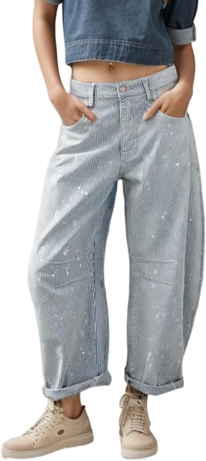 

Kedera Women Stripe Barrel Jeans Casual Denim Loose Wide Leg