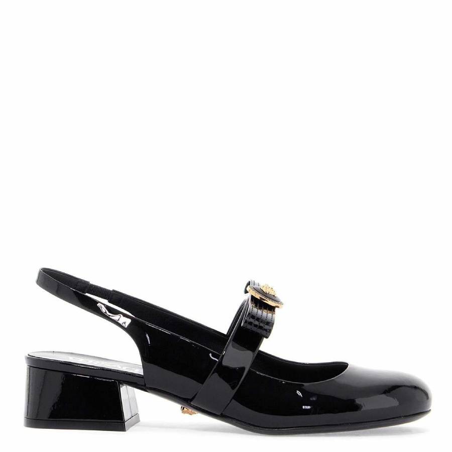 Туфли-лодочки Versace Gianni Ribbon Patent 35 мм с открытой пяткой, black-versace gold
