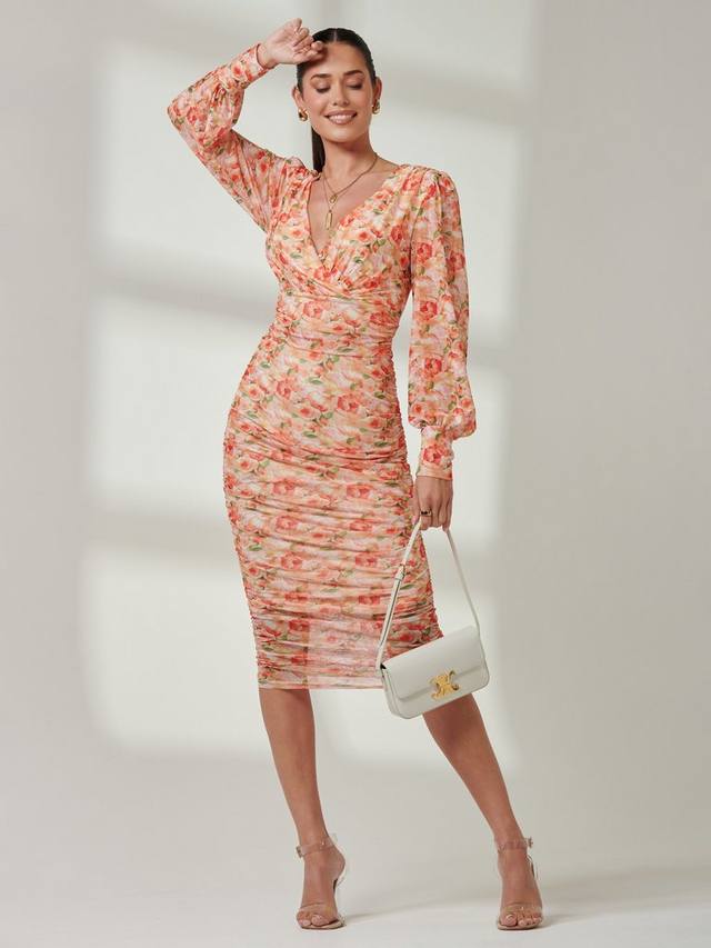 

Флоральное платье с длинными рукавами из сетки Jolie Moi, Orange Multi