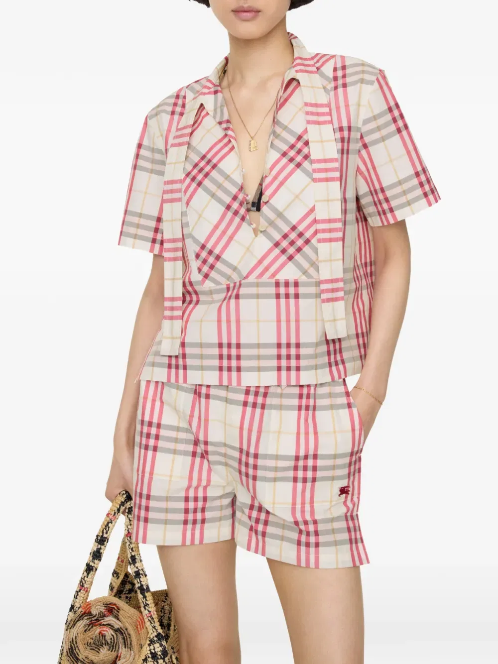 Блузка Burberry Укороченная хлопковая в клетку с шарфом, нейтральный — фото 2