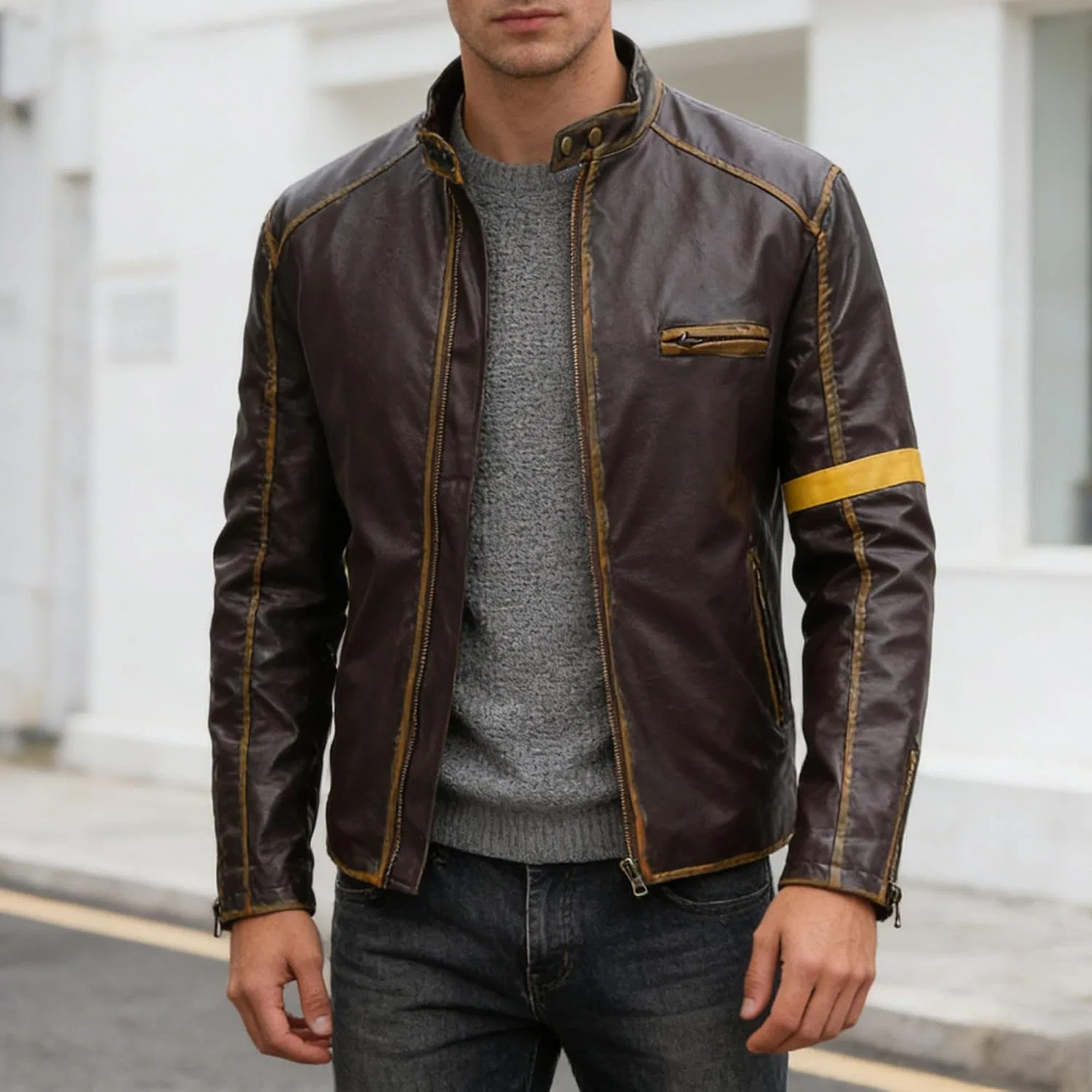 Мужская куртка-косуха с принтом, Faux Leather Biker Style, хаки — фото 3