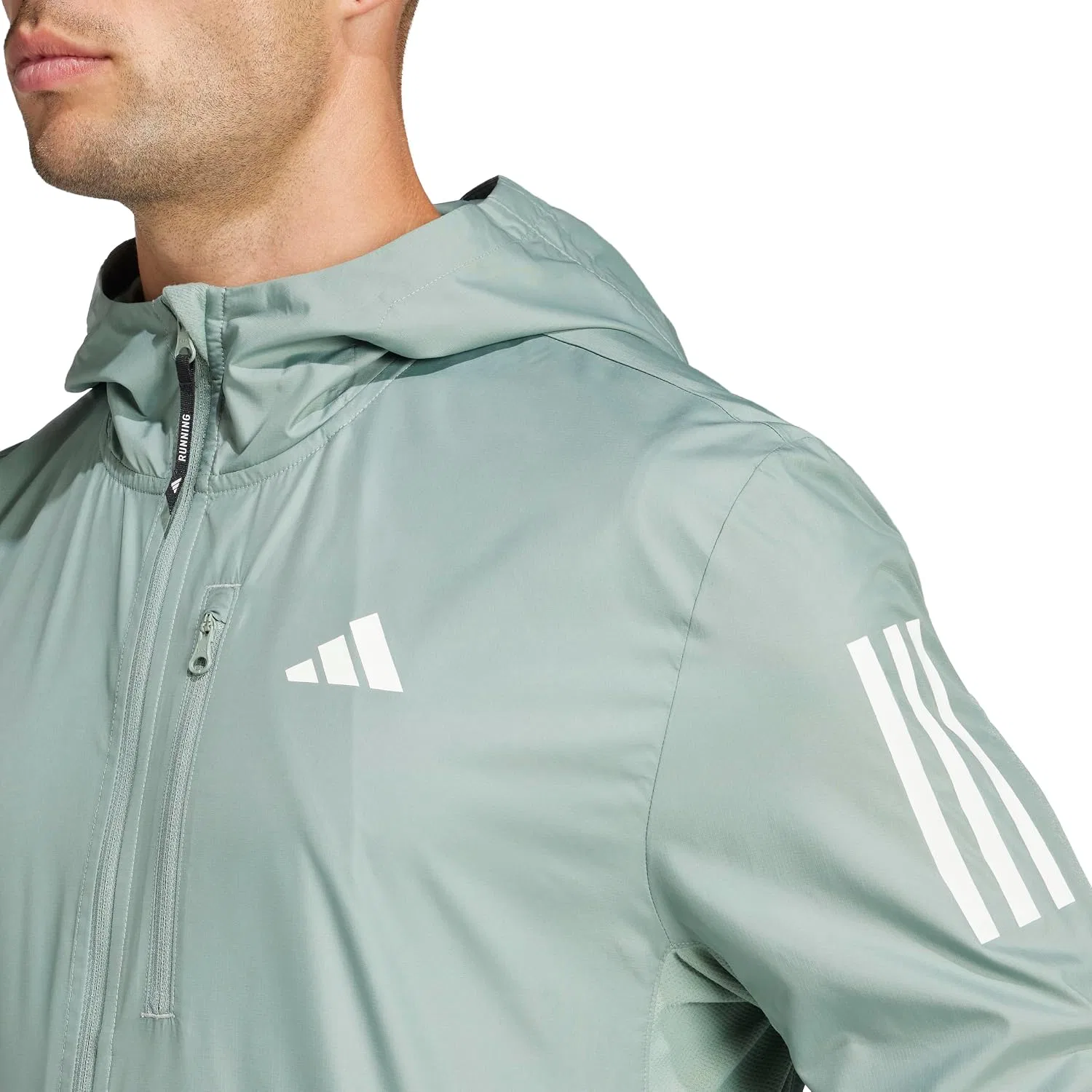 Мужская ветрозащитная куртка для бега Own The Run, adidas, серебристый/зелёный — фото 3