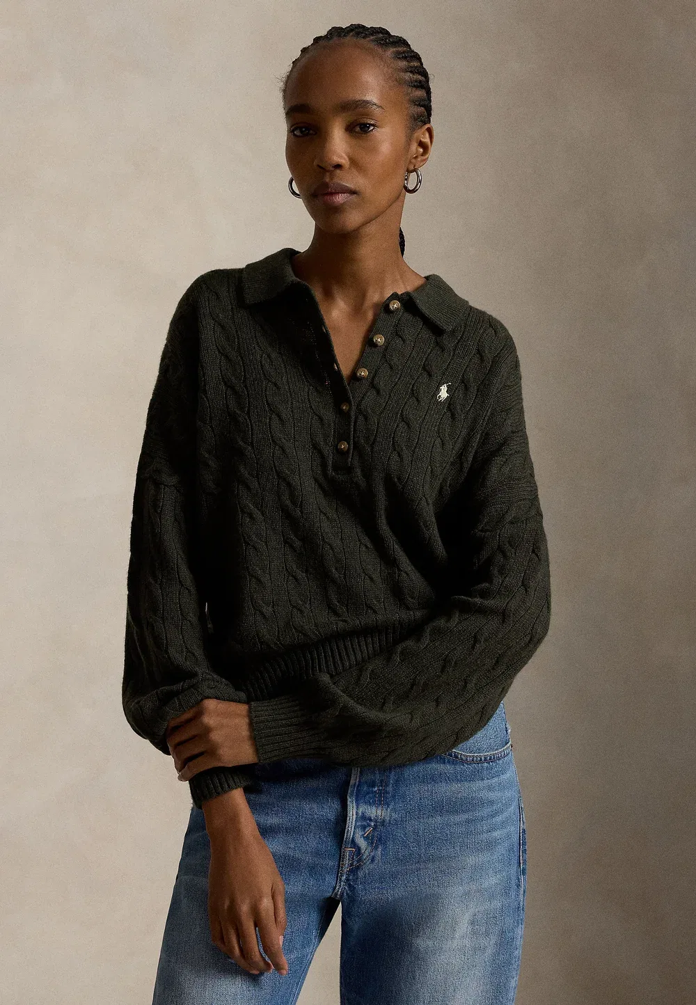 Свитер-Поло из шерсти и кашемира с косами Polo Ralph Lauren, Olive Umber Heather