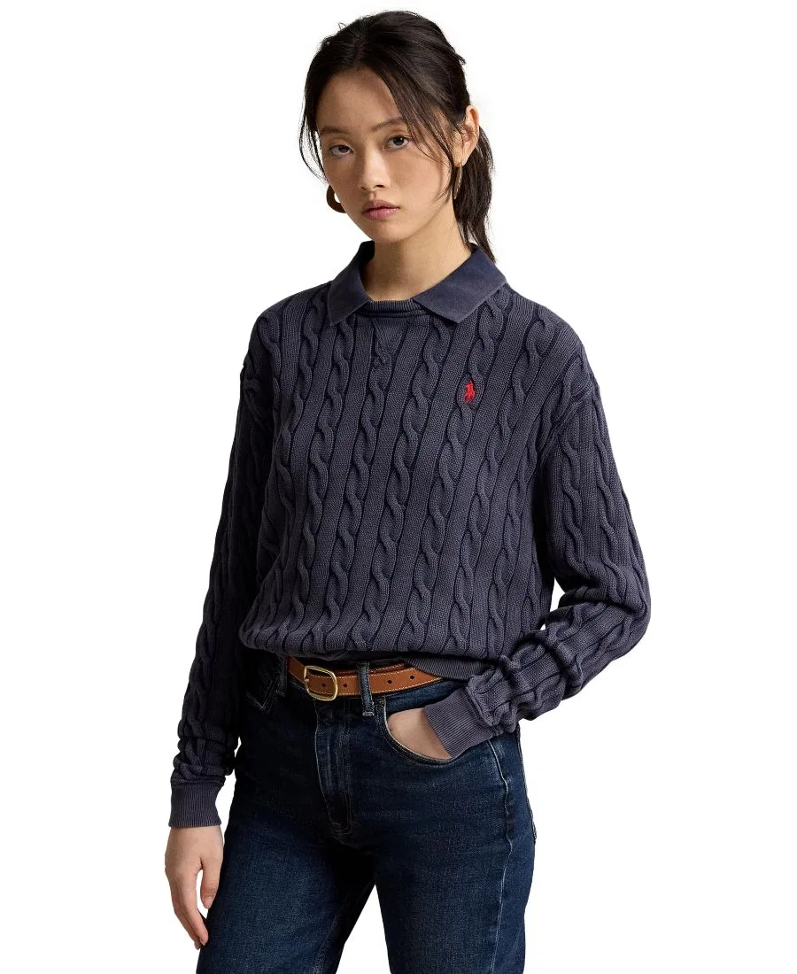 Свитер женский из хлопка с косами, модель Cable-Knit Cotton Polo Sweater Polo Ralph Lauren, Hunter Navy