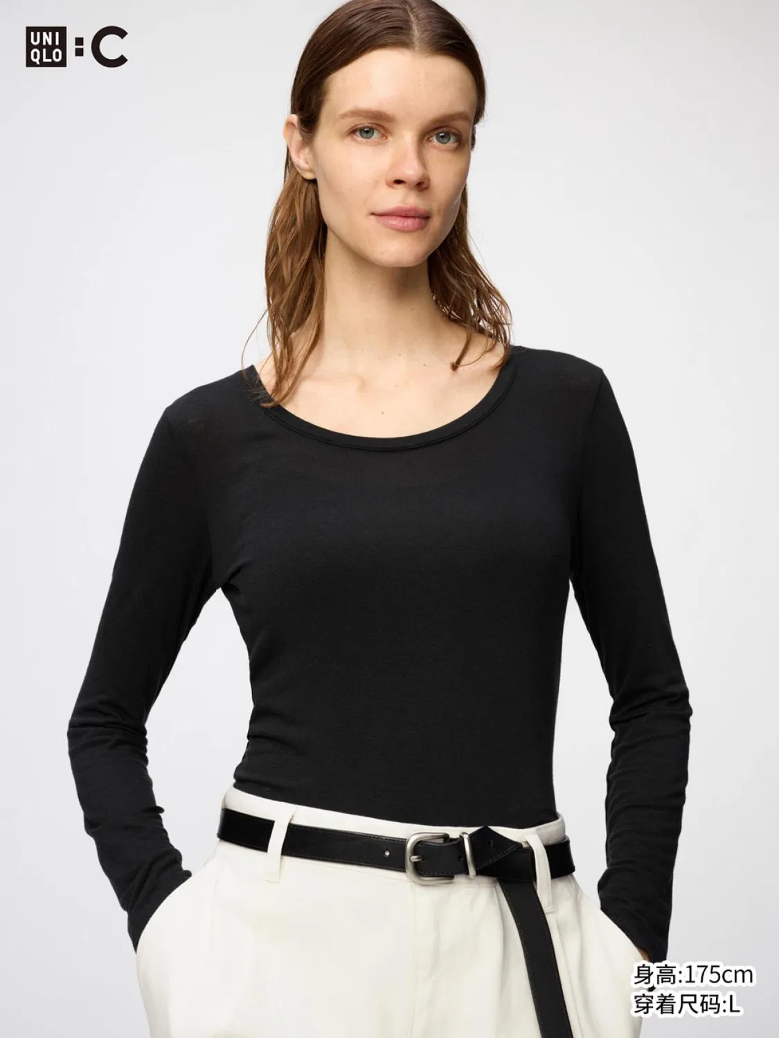 Футболка с длинным рукавом с U-образным вырезом Uniqlo, черный