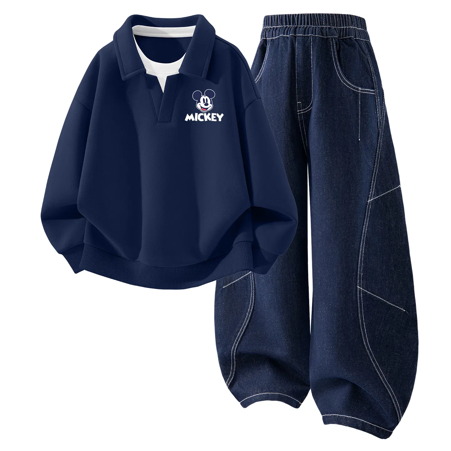 Детский комплект спортивной одежды с поло-воротником, Indigo Blue Mickey K Navy Blue+Solid Color Denim Dark Blue, Disney