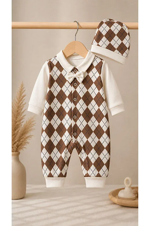 Детский комбинезон для мальчиков в клетку с галстуком-бабочкой Basics My Babies Label, Brown — фото 3
