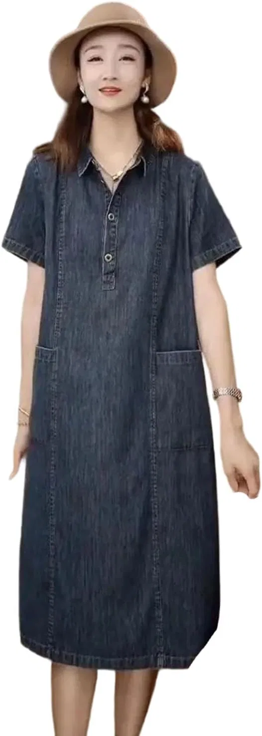 Женское джинсовое платье-рубашка с коротким рукавом свободного кроя, Blue
