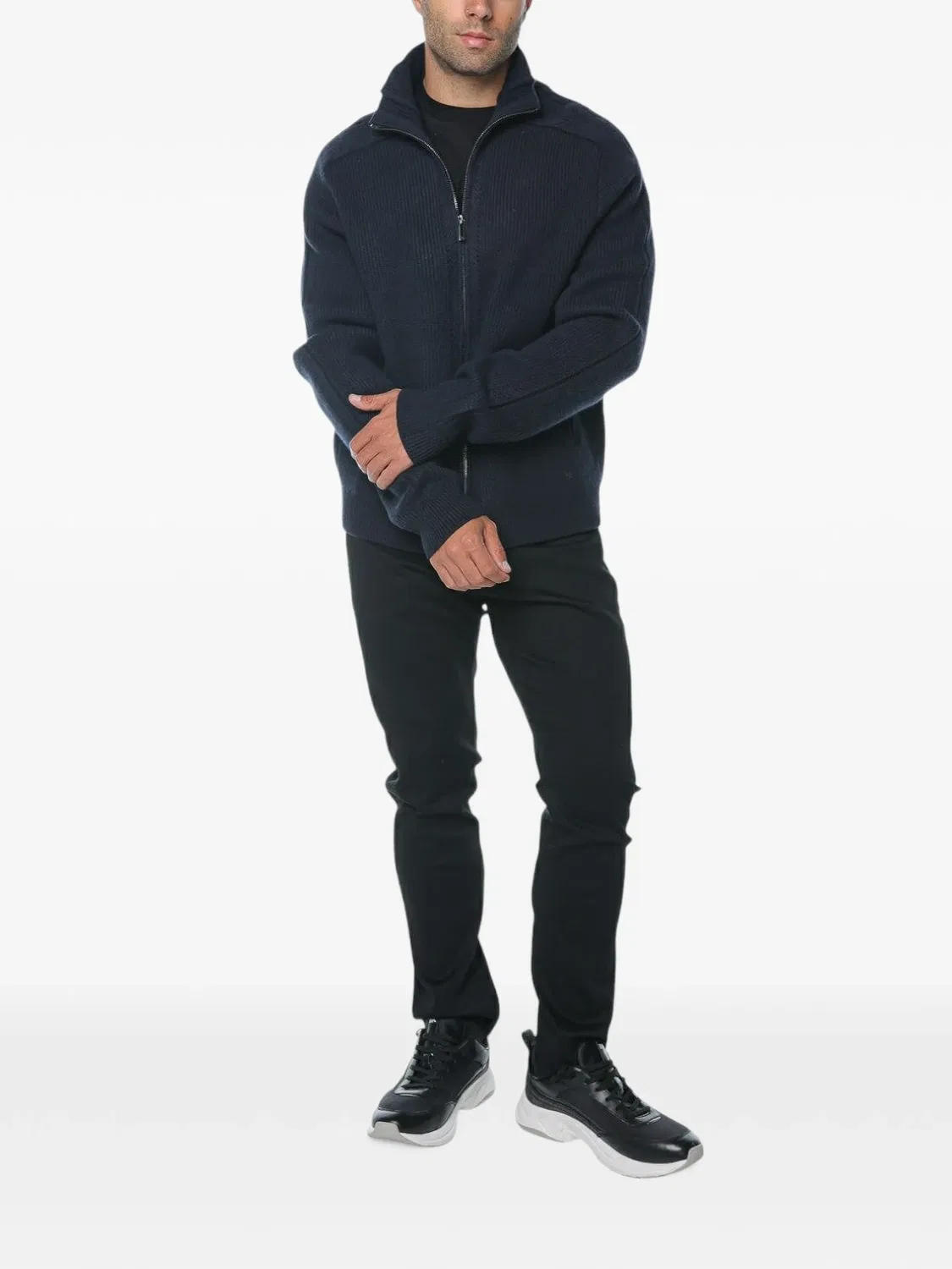 Emporio Armani Вязаный шерстяной кардиган в рубчик, синий — фото 3