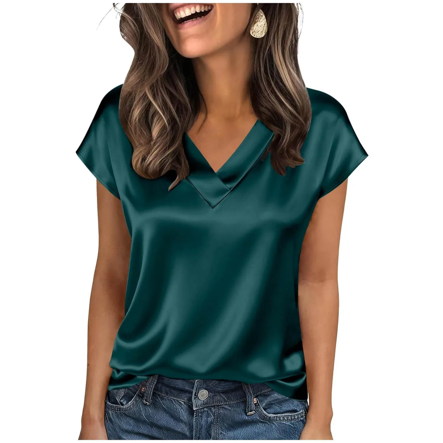 Женская блузка с коротким рукавом из шелкового сатина, Green Satin Blouses for Women