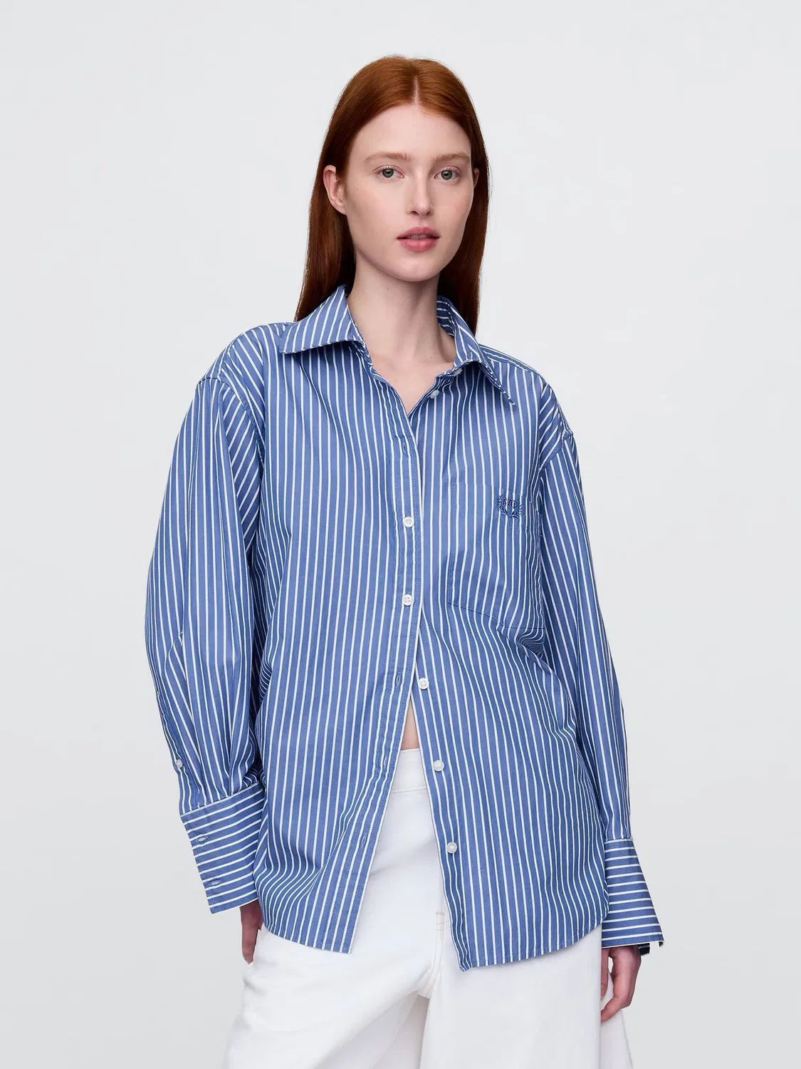Рубашка оверсайз, полосатая, Poplin Oversized Shirt Gap, синяя полоска
